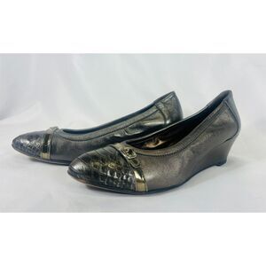 AGL Attilio Giusti Leombruni Italy Charcoal Silver Ballet Wedge 8.5 Cap Toe Lux